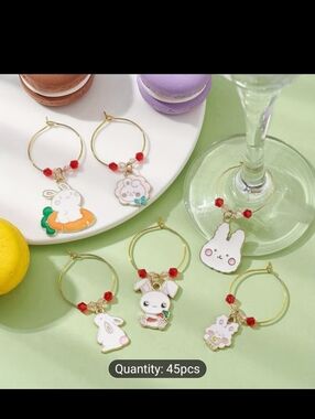 Cute Bunny Wine Glass Charms - White with Red Beads (Set of 9)